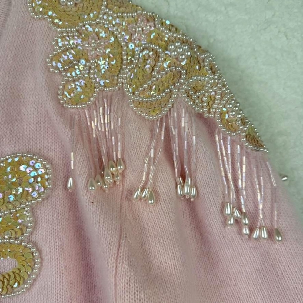 Vintage Simply Tops Sweater‎ Womens Small Pink V Neck Beaded Sequin Angora 80s - Picture 4 of 8